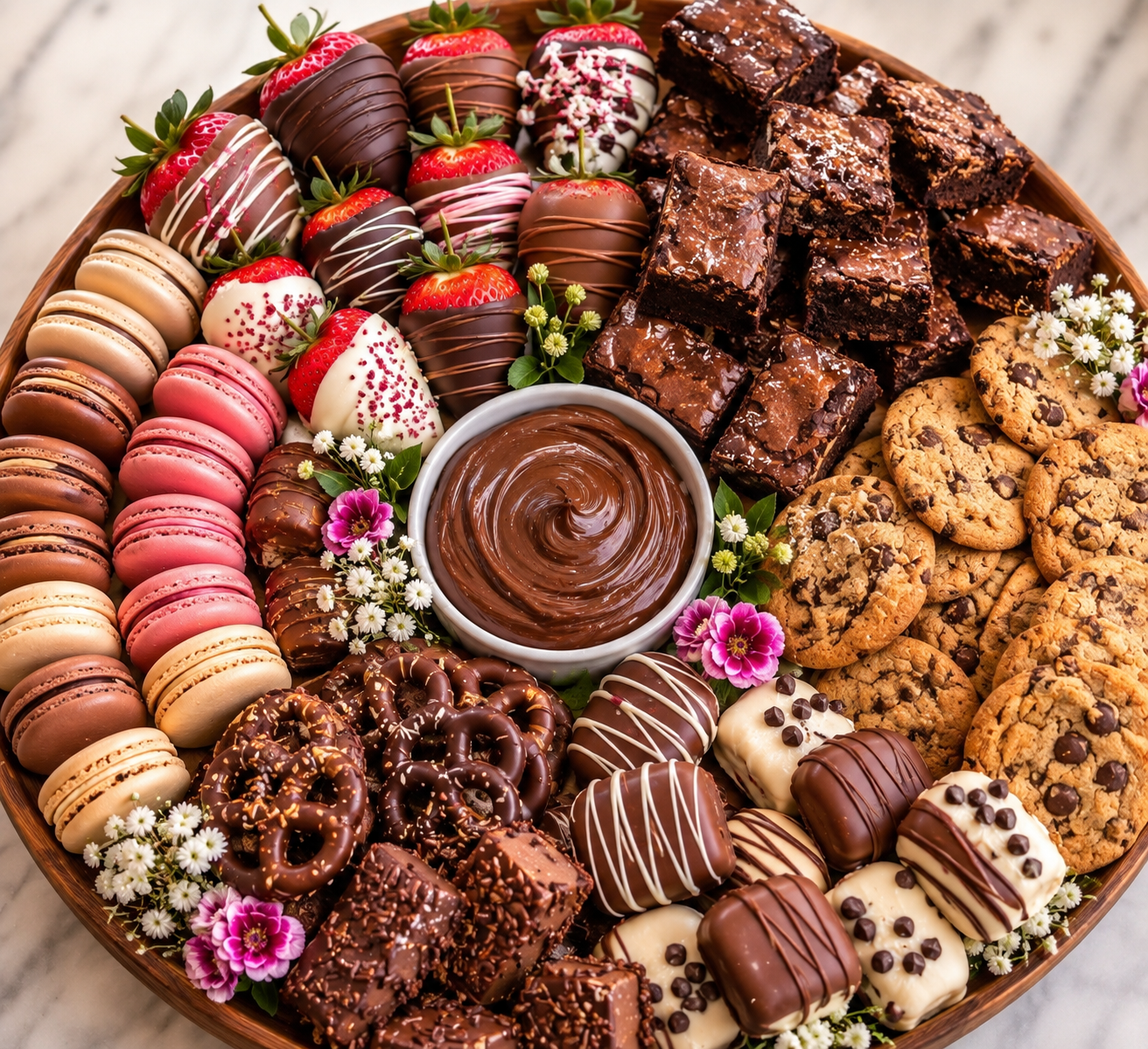 Hunt & Honey Chocolate Bliss Dessert Platter with macarons, chocolate-dipped strawberries, brownies, cookies, chocolate pretzels, Nutella dip and chocolate truffles