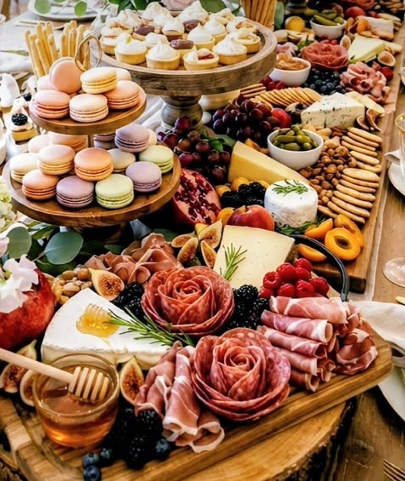 Hunt & Honey Harvest Feast Grazing Table with artisan cheeses, cured meats, fresh fruits, crackers, breads and seasonal garnishes