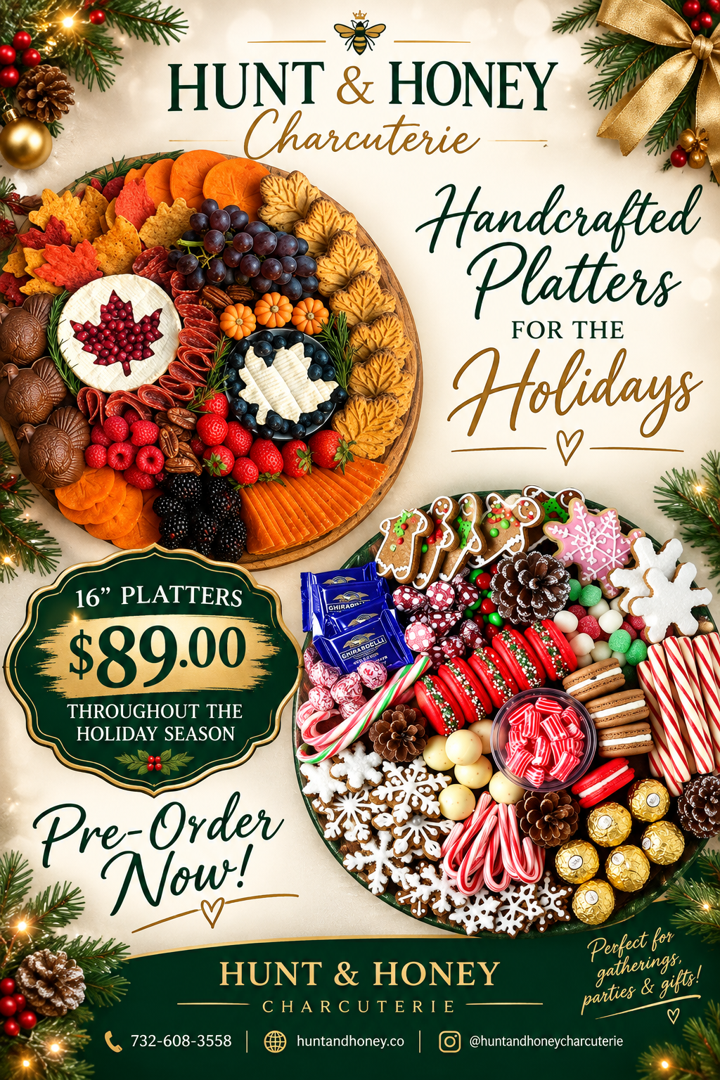 Hunt & Honey Charcuterie — Handcrafted Platters for the Holidays, 16 inch platters $89.00 throughout the holiday season, Pre-Order Now
