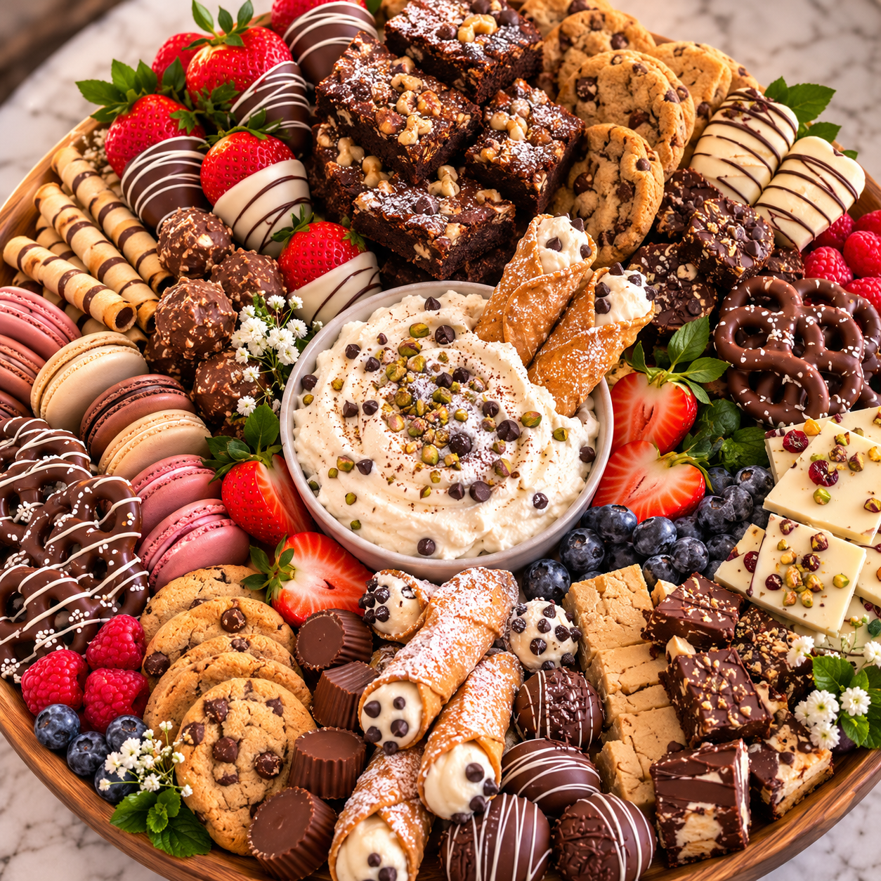 Hunt & Honey Holy Cannoli Graze Craze dessert platter with cannolis, macarons, brownies, cookies, chocolate-dipped strawberries and cannoli cream dip